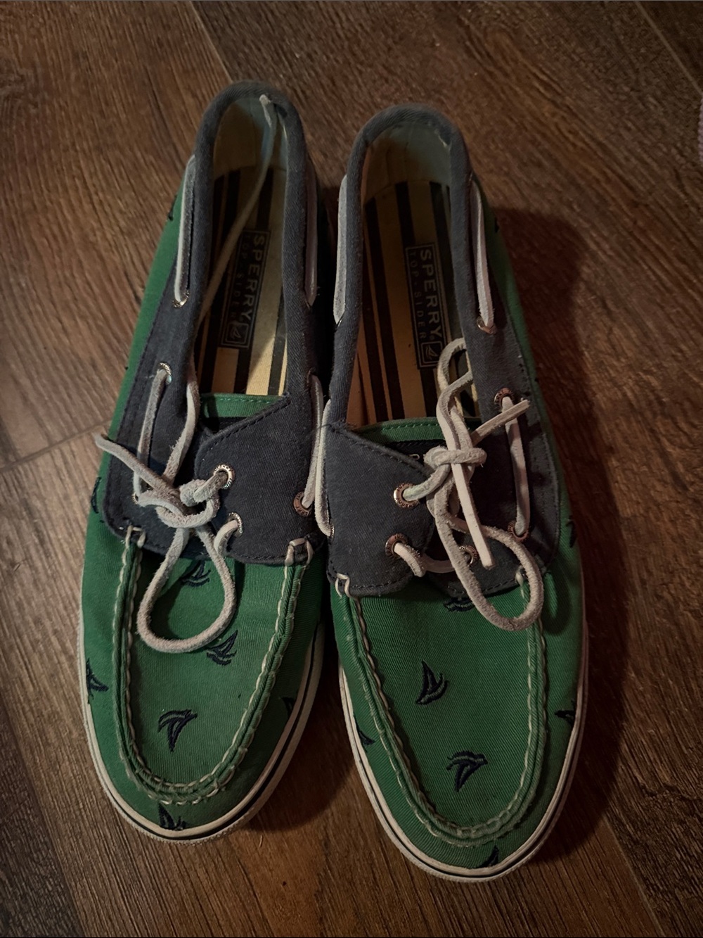 Sperry Green Canvas Boat Shoes with Navy Eyelets